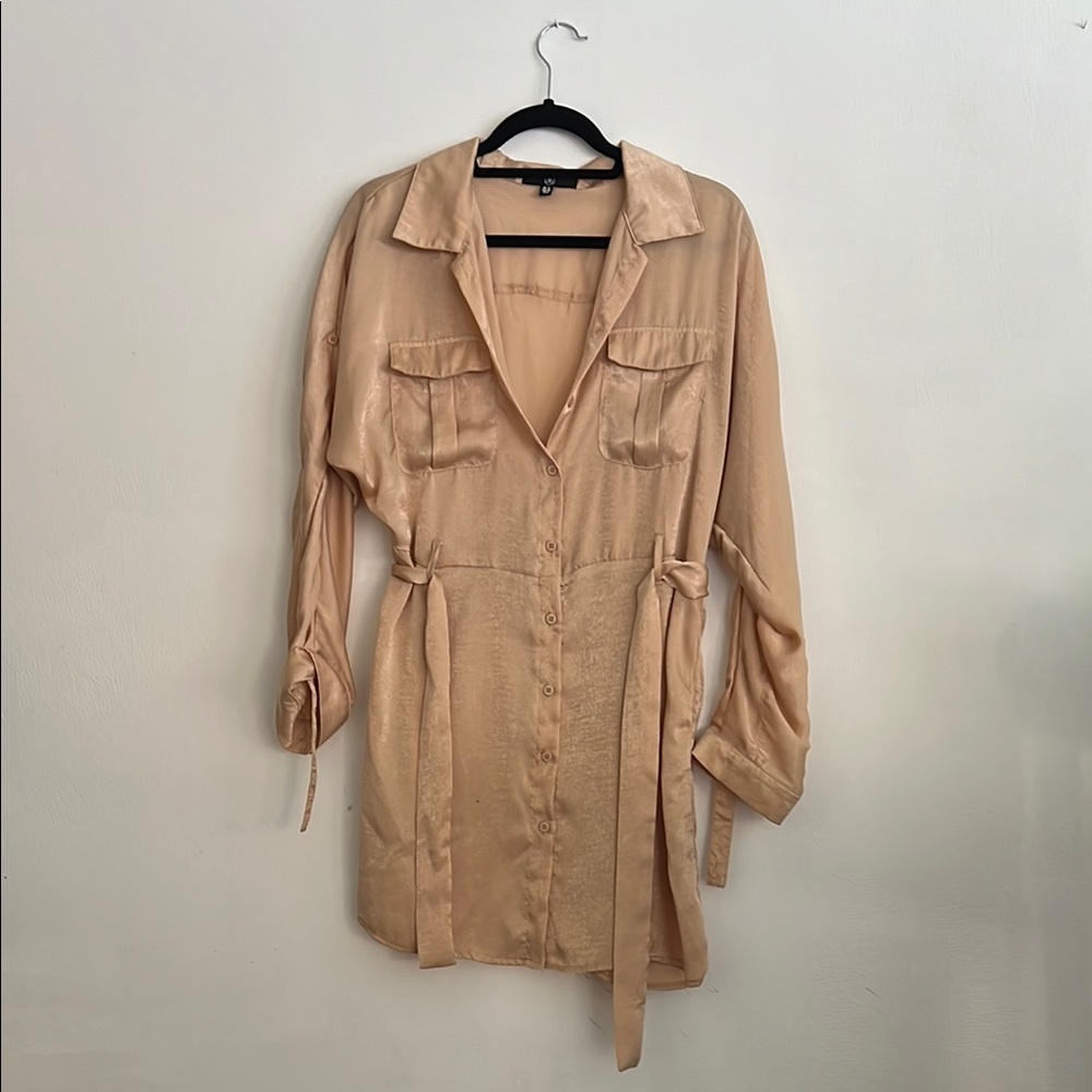 Chic Satin Tan Button-Up Shirt Dress
